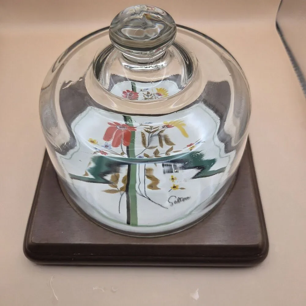 Himark Vintage 1981 Saltara Floral Cheese Dome Glass Lid Wood Base Taiwan
